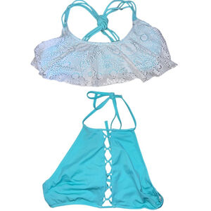 2 Rue Blue Bikini Tops High Neck Open Back, White Ruffle Blue Cross Back Large